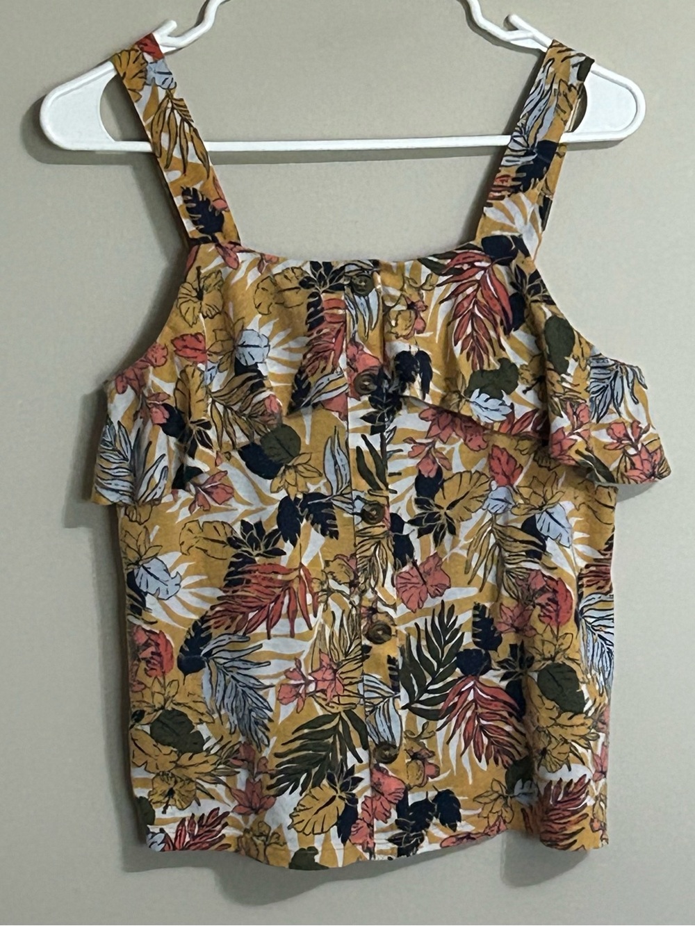 Wallflower Mustard Floral Button-Front Ruffle Tank Top
